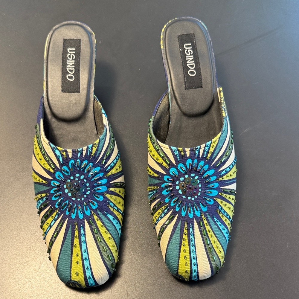 Blue And Green Patterned Mules - image 1